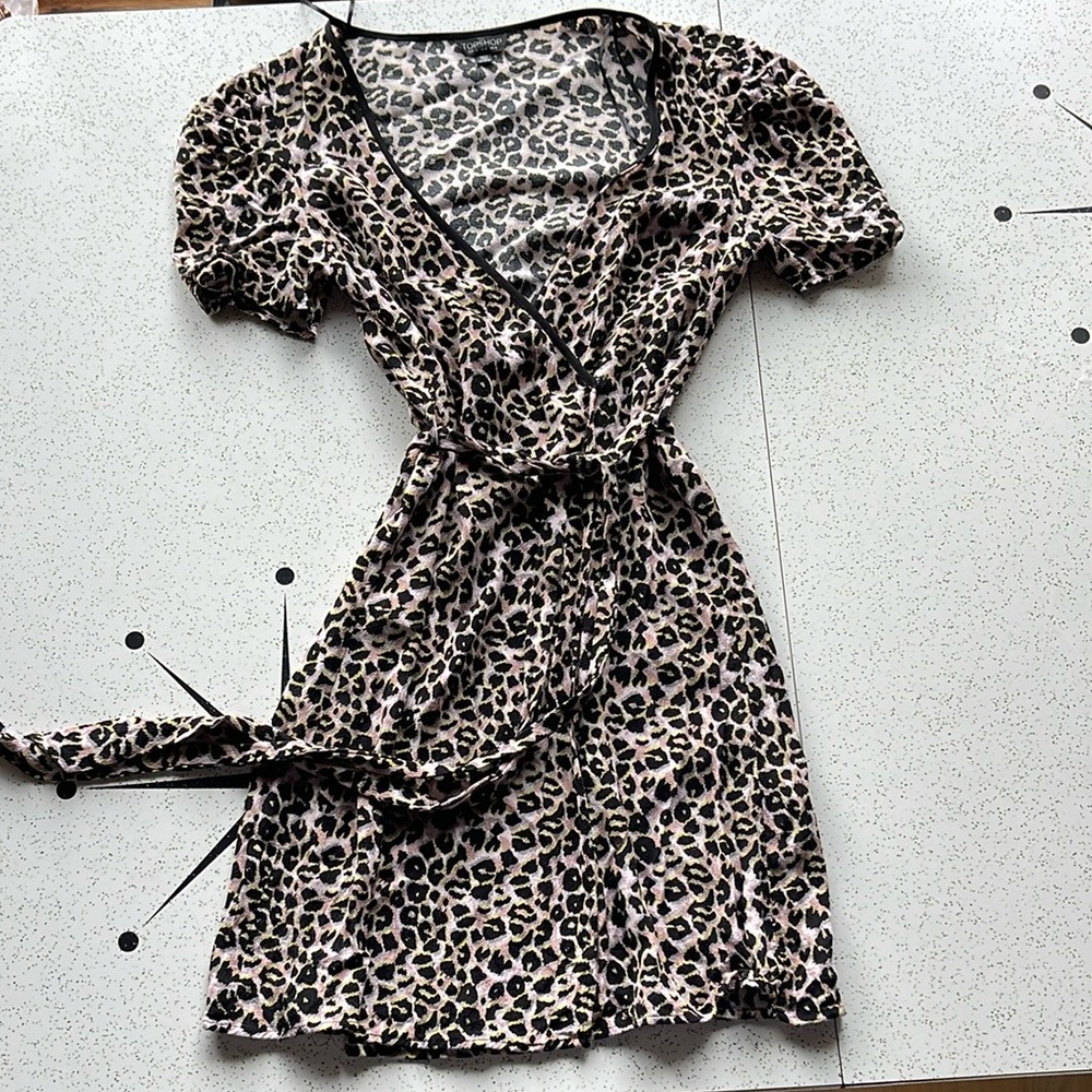 Topshop Leopard Puff Sleeve Wrap Sundress